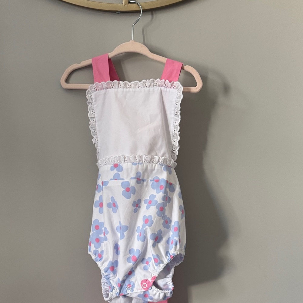The Beaufort Bonnet Company Pink and White Floral Bodysuit with Lace Trim